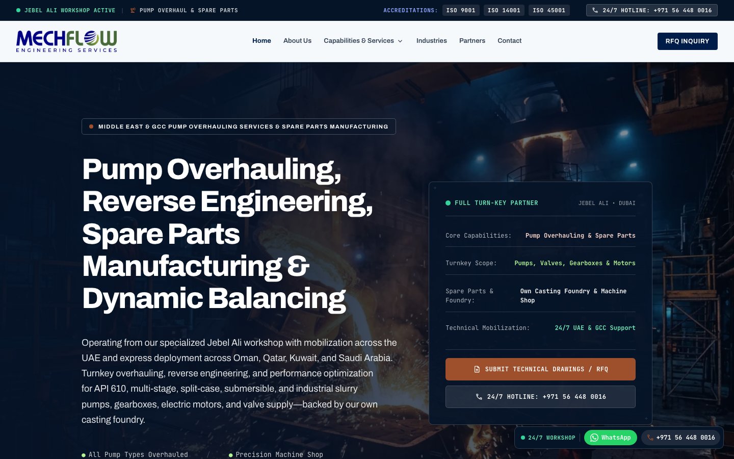 Mechflow Engineering Services LLC — Industrial Engineering · Rotating Equipment Overhauls · Jebel Ali, Dubai web project screenshot by Adam Apps